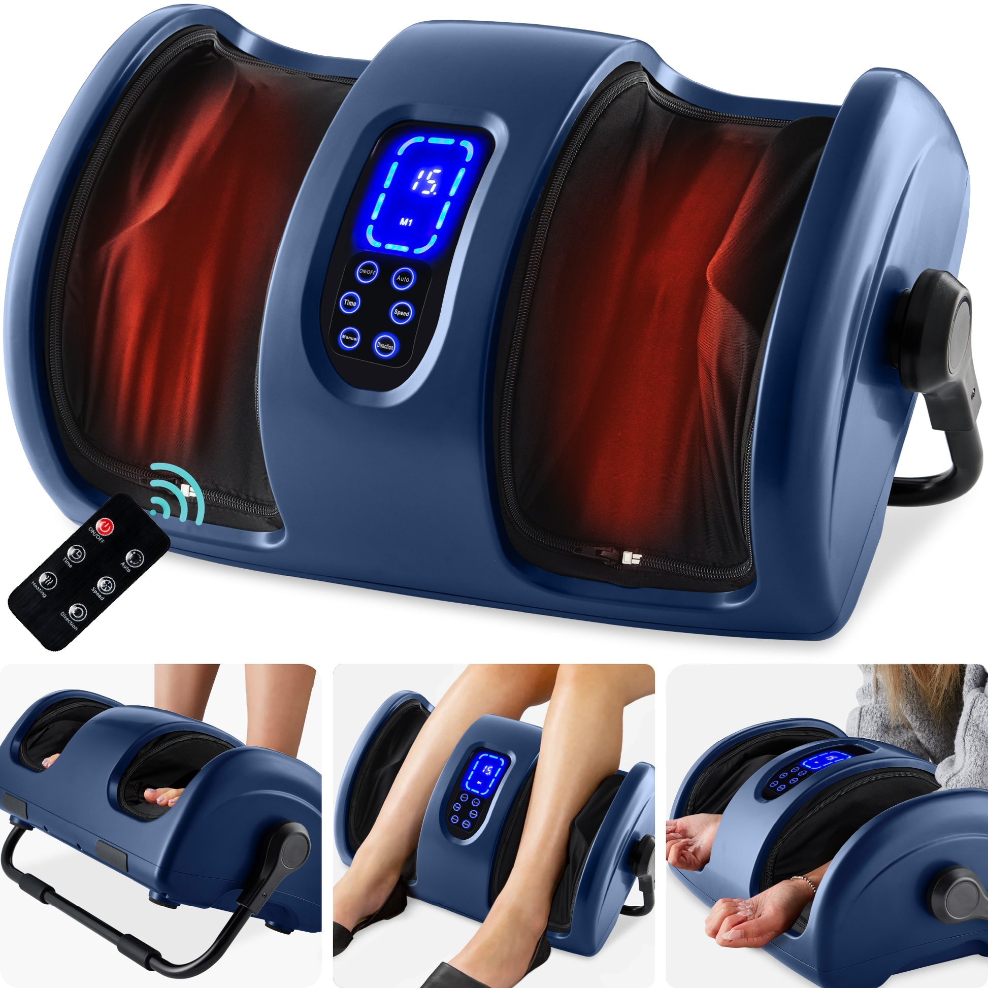 Reflexology Shiatsu Foot Massager w/ High-Intensity Rollers, Remote Control- Navy Blue