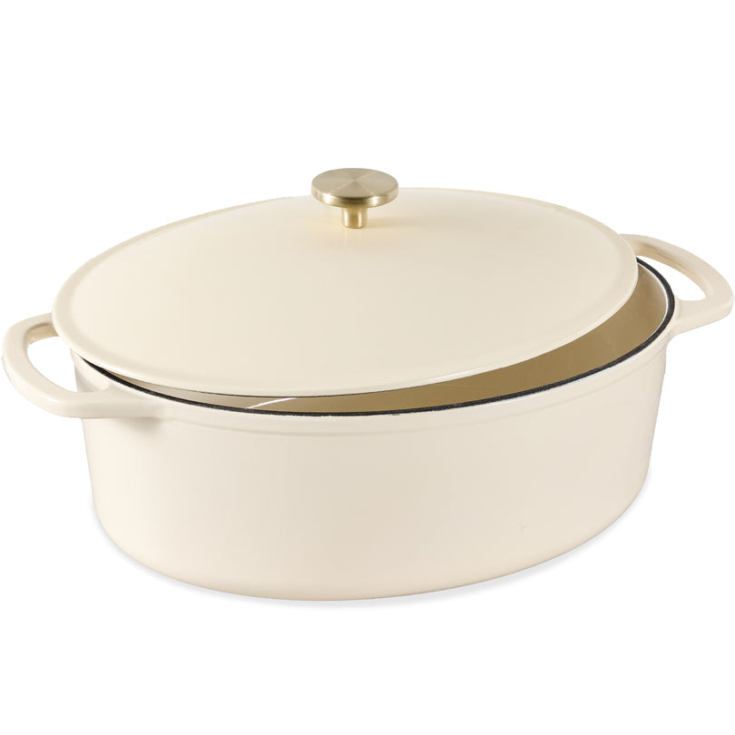 Oval Cast-Iron Dutch Oven Kitchen Cookware w/ Enamel - 7.5qt- Vanilla Buttercream