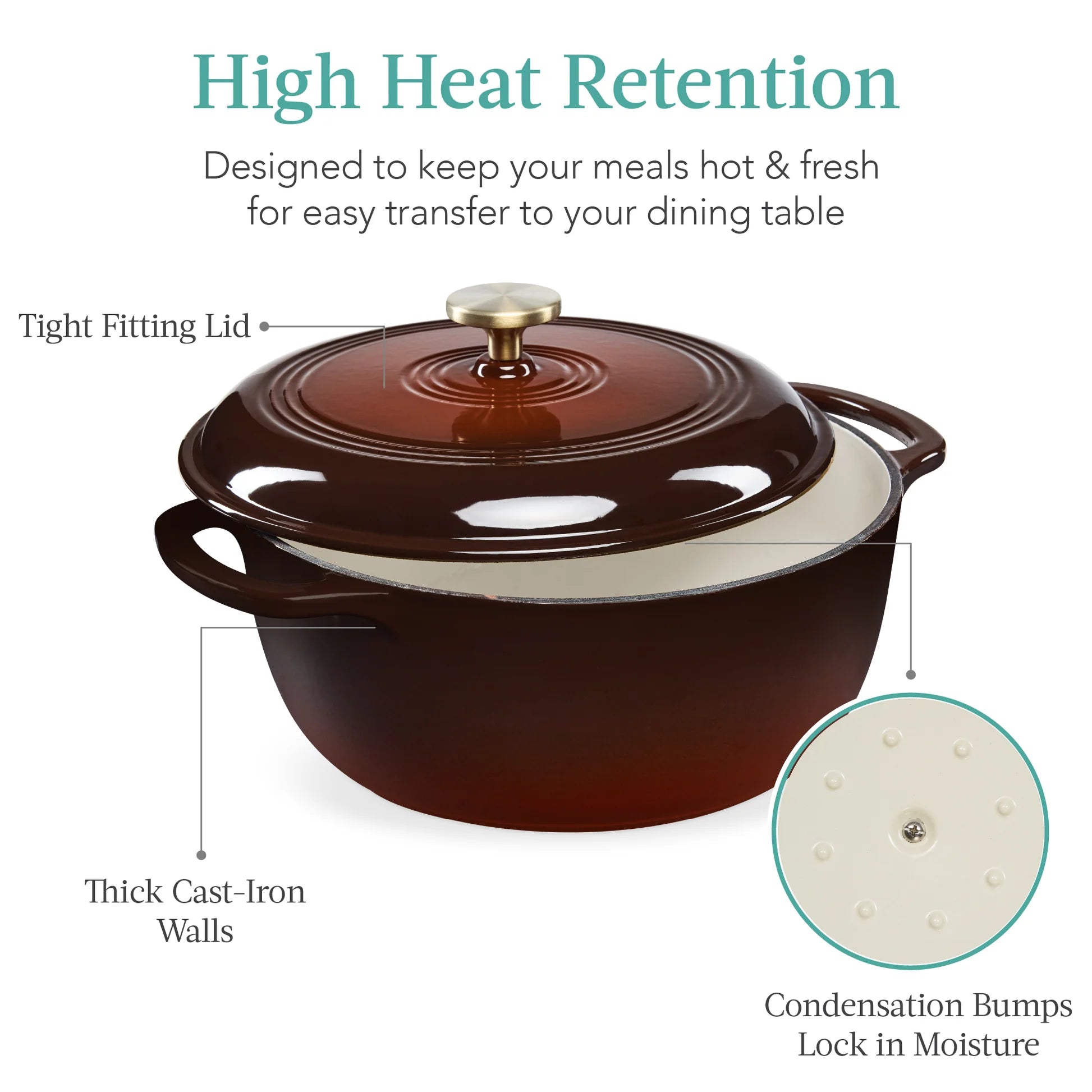 BCP Cast-Iron Dutch Oven Kitchen Cookware w/ Enamel, Handles - 7.5qt, Chocolate Ganache