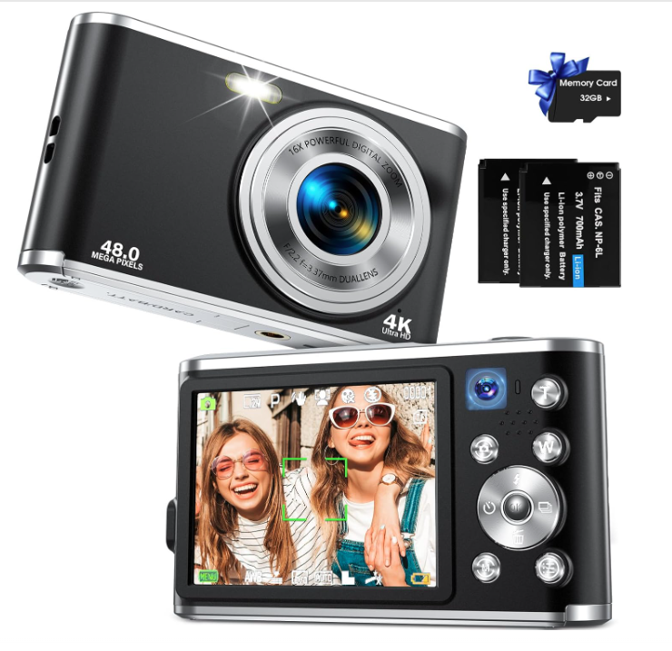 Digital Camera, Auto Focus FHD 4K Vlogging Camera with Dual Camera 48MP 16X Digital Zoom Kids Compact Camera with 32GB Memory Card Portable Point and Shoot Cameras for Teens Beginner Adult,Black (NEW, OPEN BOX)