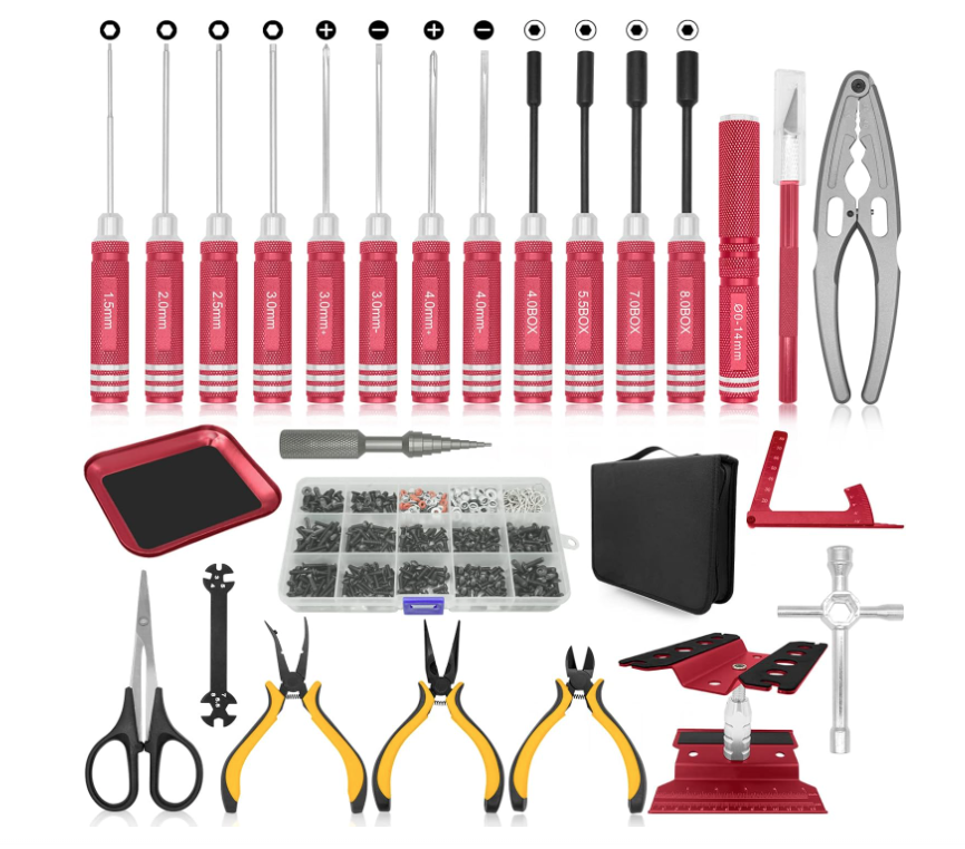 OGRC Tool Kit - Screwdriver Set (Flat, Phillips, Hex) RC Work Stand, 522PCS Screw Kit, Pliers Set, Body Reamer, Wrench, Tray, Repair Tools for RC Car Boat Quadcopter Helicopter (Black) – 26pcs (Red) (New, Open Box)