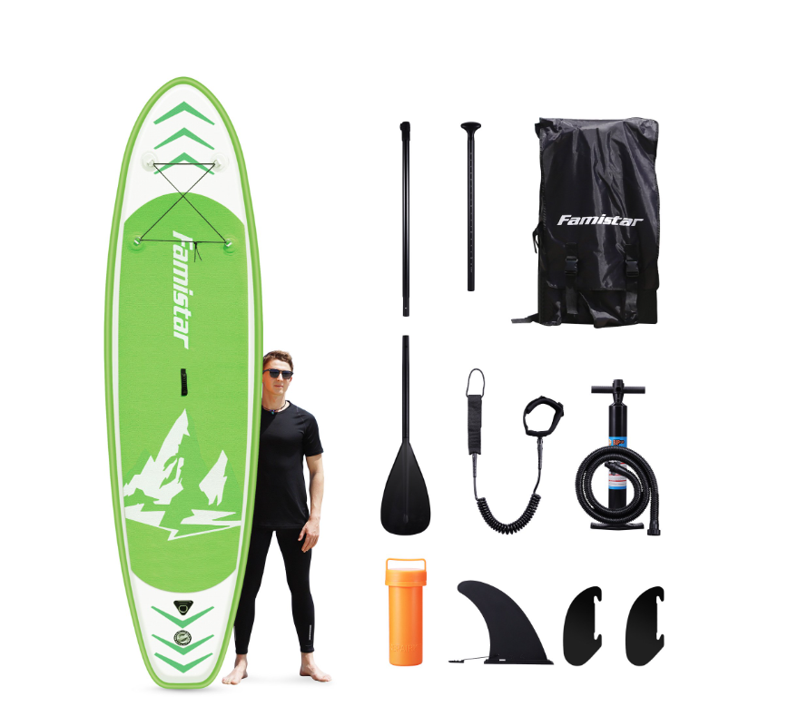 Famistar 10'10" Inflatable Stand Up Paddle Board SUP w/ 3 Fins, Adjustable Paddle, Pump & Carrying Backpack (NEW, OPEN BOX) *DAMAGED BOX*