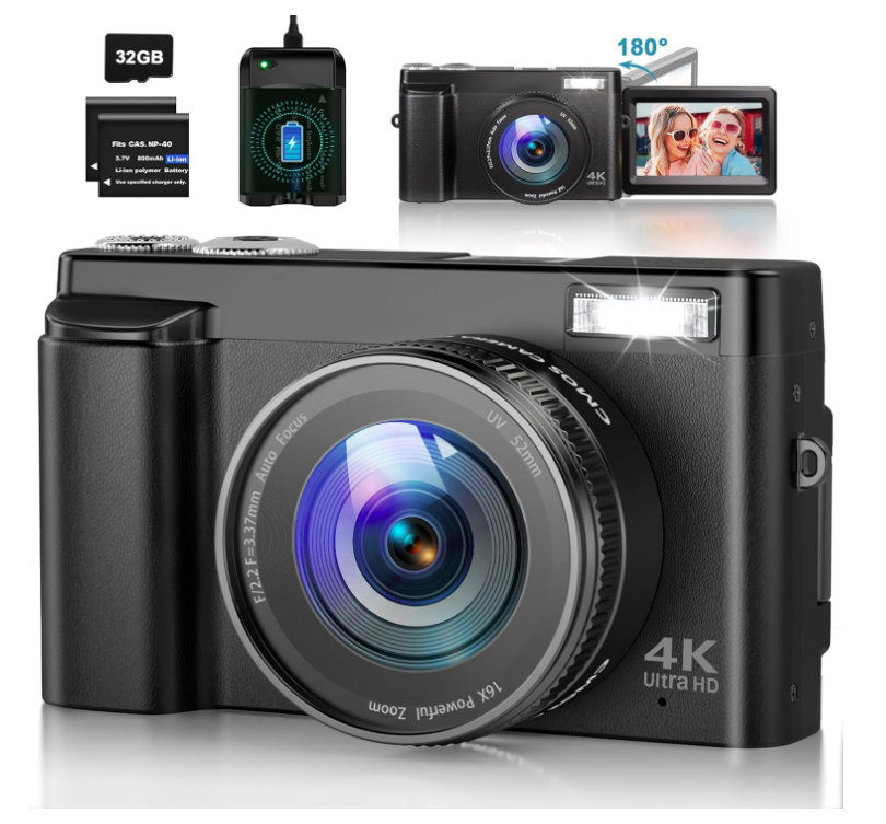 4K Digital Camera for Photography Autofocus 48MP 4K Camera with SD Card, 180° 3.0 inch Flip Screen Vlogging Camera for YouTube Video Compact Cameras with 16X Digital Zoom, Anti-Shake, 2 Batteries (NEW, OPEN BOX)