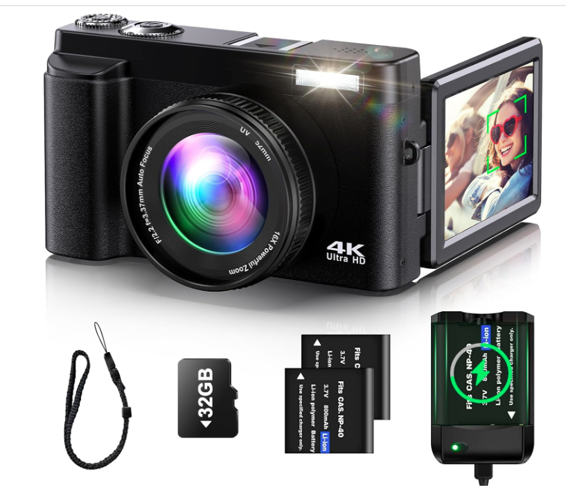 4K Digital Camera for Photography Autofocus 48MP 4K Camera with SD Card, 180° 3.0 inch Flip Screen Vlogging Camera for YouTube Video Compact Cameras with 16X Digital Zoom, Anti-Shake, 2 Batteries (NEW, OPEN BOX)