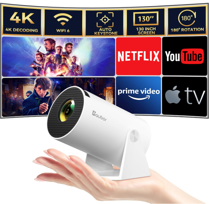 Aubor Mini Projector 1080P Support Smart Projector with Android TV 180° Rotatable Portable Projector with WiFi and Bluetooth5.2 Outdoor Short Throw Auto Keystone 130'' Screen Home Theater Projector (NEW, OPEN BOX)