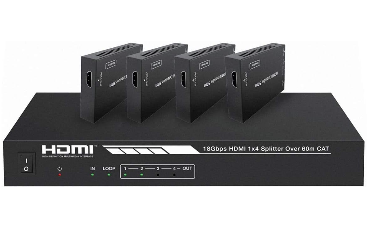 Monoprice 4K HDMI 2.0 1x4 Splitter Extender Kit - Up to 60 Meters 4K@60Hz, 18Gbps, HDR10, HDR10+, Dolby Vision, Hyper Log‑Gamma, HDCP 2.2, HDMI Loop Out, EDID, PoC, 4 Receivers - Blackbird Series P/N 42271 (NEW, OPEN BOX)