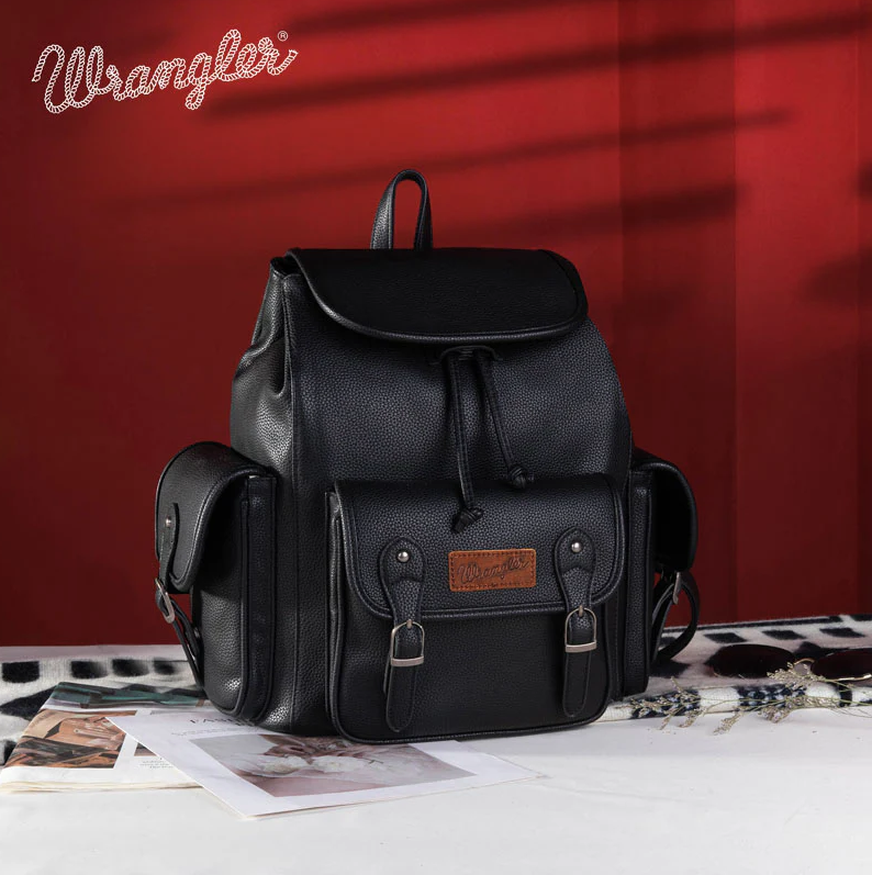 Wrangler Genuine Leather Backpack Made of genuine leather Drawstring and magnetic button closure, BLACK (New, Open Box)