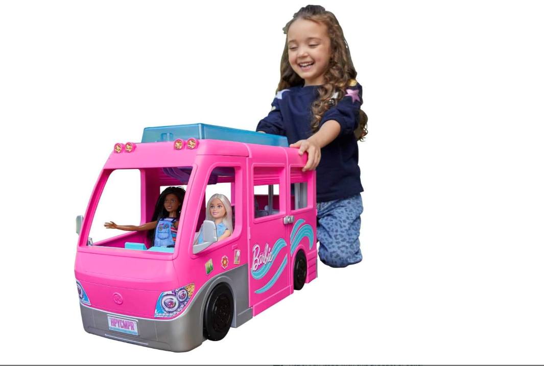 Barbie Camper Playset, DreamCamper Toy Vehicle with 60 Doll-Sized Accessories Including Furniture, Pool & 30-inch Slide (New, Open Box)