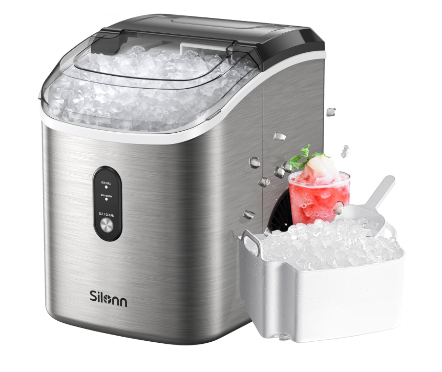 Nugget Ice Maker Countertop, Silonn Chewable Pellet Ice Machine with Self Cleaning Function, Pebble Portable Ice Maker with Ice Scoop for Home Kitchen Office, Stainless Steel (New, Open Box)