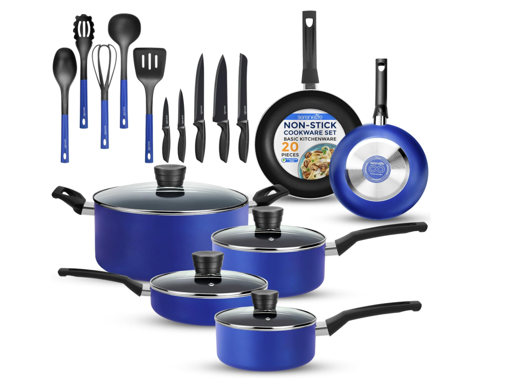 SereneLife 20-Piece Blue Cookware and Knives Set - Includes Multi-Sized Non-Stick Pots and Pans with Tempered Glass Lids, Heat Resistant, Dishwasher Safe, Includes Utensils (New, Open Box)