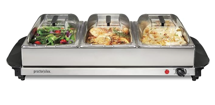 Proctor Silex Buffet Server & Food Warmer, Adjustable Heat, for Parties, Holidays and Entertaining, Three 2.5 Quart Oven-Safe Chafing Dish Set, Stainless Steel (NEW, OPEN BOX)