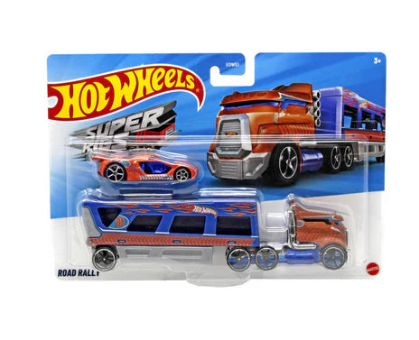 Hot Wheels Toy Car & Truck, Super Rigs 1:64 Scale Race Car & Matching Semi Truck Transporter
