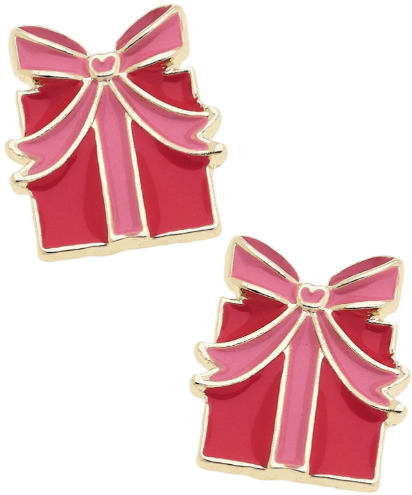 Gift Wrapped Enamel Stud Earrings in Red & Pink
