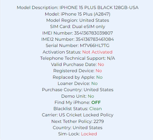 Apple Iphone 15 Plus Black 128GB Carrier Locked: Cricket