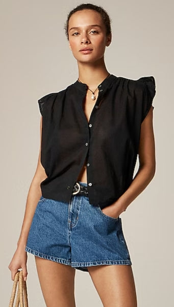 Flutter-Sleeve Button-Up Shirt in Cotton Voile Size M