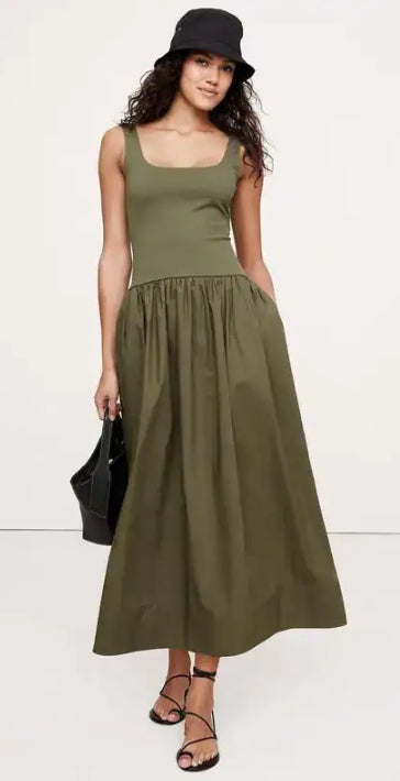 Banana Republic Drop-Waisted Midi Dress - Spiced Olive Green - XL