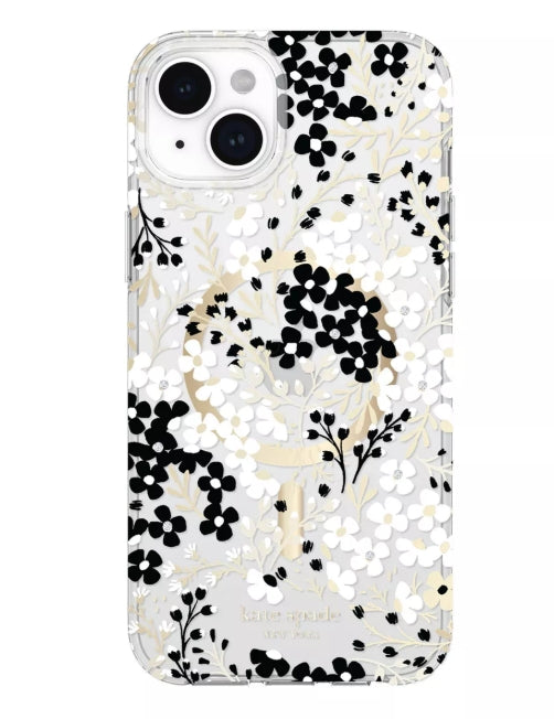 Kate Spade New York Apple iPhone 15 Plus/iPhone 14 Plus Protective Case with MagSafe - Black & White Floral with Gems (New)