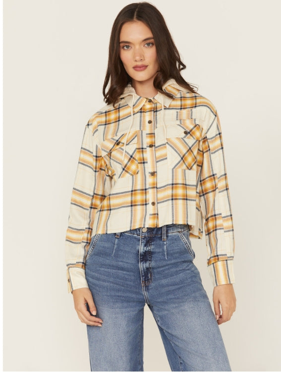 Cleo + Wolf Women's Cropped Flannel Hooded Shacket S