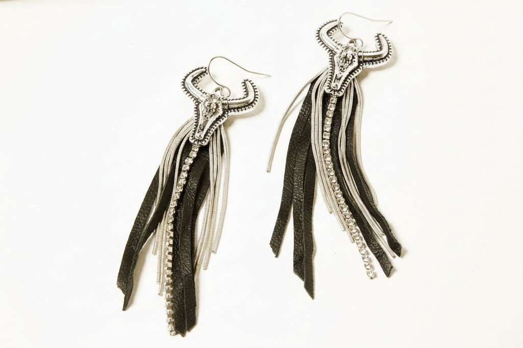 Women's Leather Fringe Steer Head Earrings by Shyanne