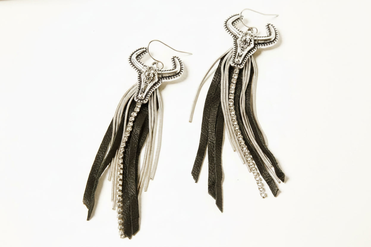 Women's Leather Fringe Steer Head Earrings by Shyanne