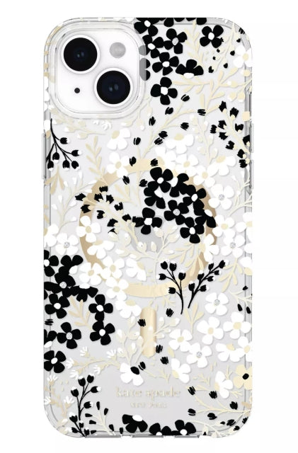 Kate Spade New York Apple iPhone 15 Plus/iPhone 14 Plus Protective Case with MagSafe - Black & White Floral with Gems (Open Box)