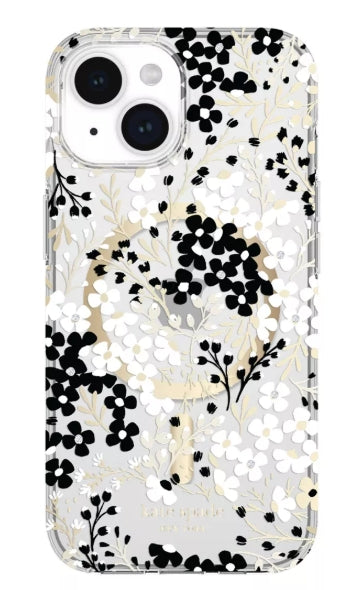 Kate Spade New York Apple iPhone 15/iPhone 14/iPhone 13 Protective Case with MagSafe - Black & White Floral with Gems (Open Box)