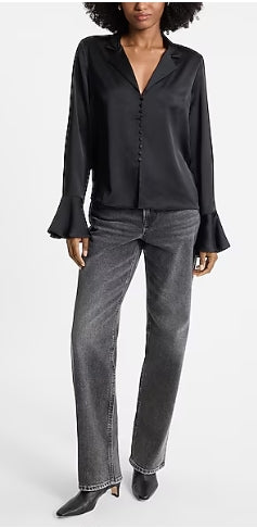 Express Satin V-Neck Flare Sleeve Shirt M