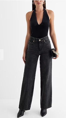 Express High Waisted Washed Black Raw Hem Wide Leg Jeans 6R