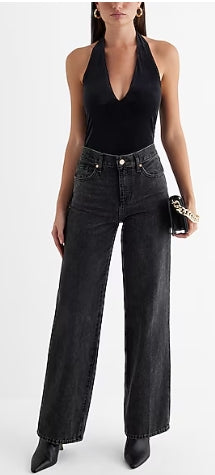 Express High Waisted Washed Black Raw Hem Wide Leg Jeans 8R