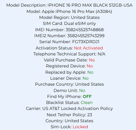 Apple iPhone 16 Pro Max Black Titanium 512GB Carrier Locked: AT&T