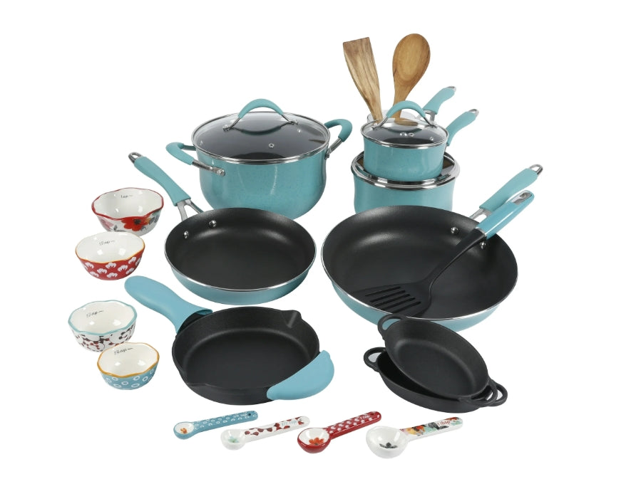 The Pioneer Woman Frontier Speckle 24-Piece Aluminum Cookware Combo Set, Turquoise