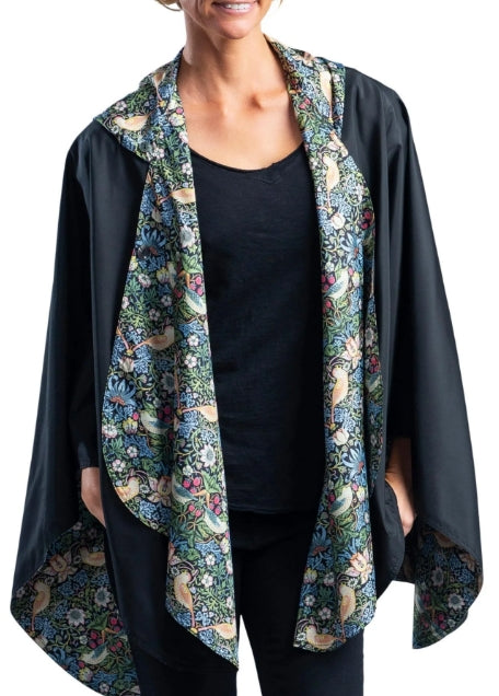 William Morris Strawberry Thief & Black Reversible Rain Cape Poncho – Hooded Womens Wrap