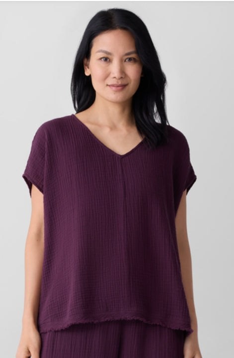 Eileen Fisher Organic Cotton Lofty Gauze V-Neck Square Top XL