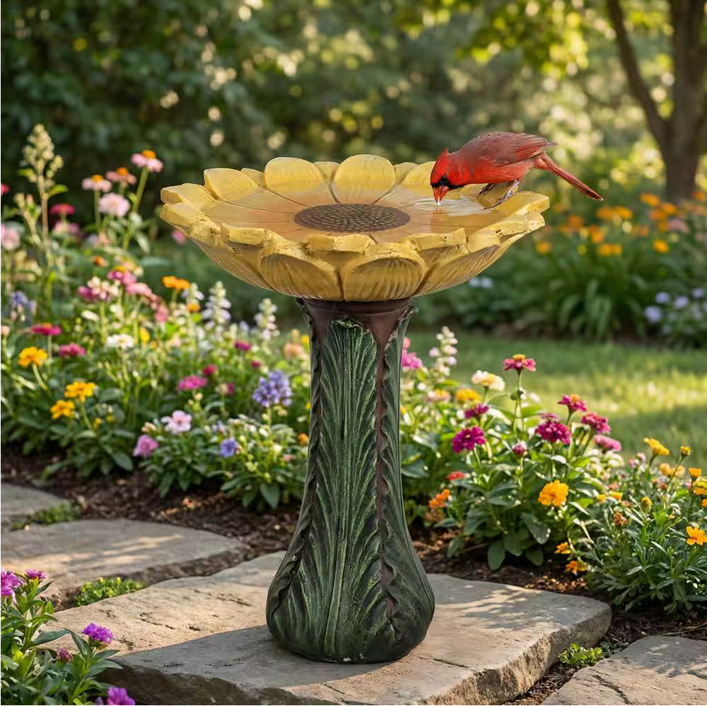Sunflower Series 24.4 in. H Yellow Fibre-Reinforced Concrete Bird Bath