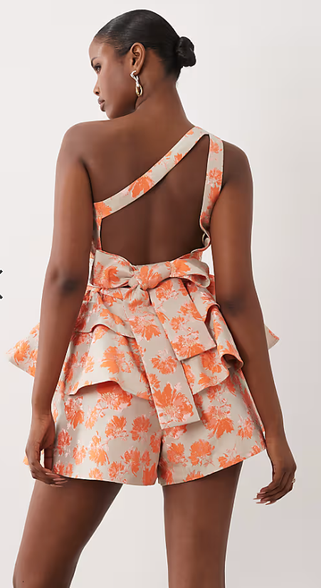 Women's ASOS LUXE jacquard one-shoulder top and shorts set in orange- Size:8