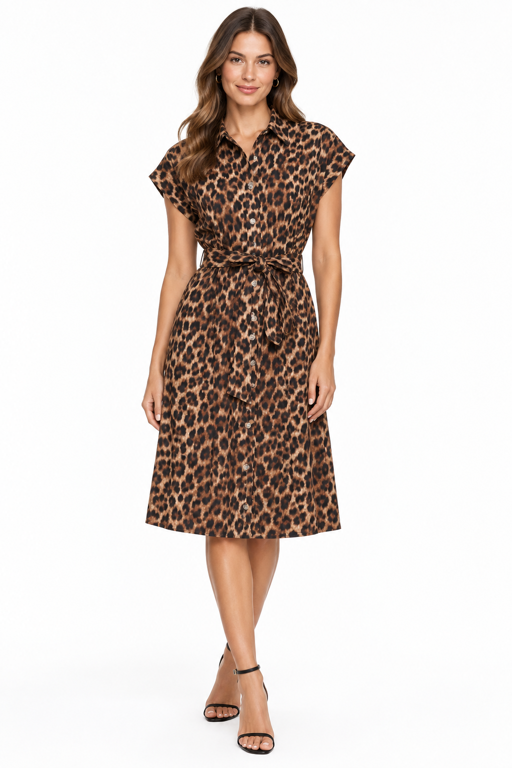 DKNY Women's Leopard Print Button-Front Dress with Tie Waist - Size 12