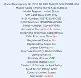 Apple iPhone 16 Pro Max 256GB Black Titanium Carrier Locked: Cricket