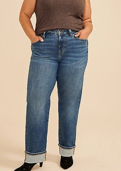 Plus Size edgely™ High Rise Pocket Stitch Relaxed Straight Cuffed Jean Women's 14w
