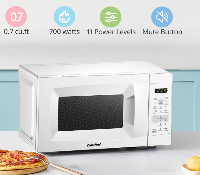 COMFEE' Countertop Microwave Oven, 0.7 Cu.Ft, 700W,Pearl White, ECO Mode