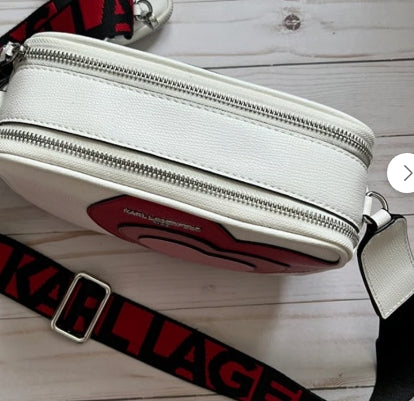 Karl Lagerfeld Paris Maybelle Crossbody Bag White with Hearts + Earbud Pouch