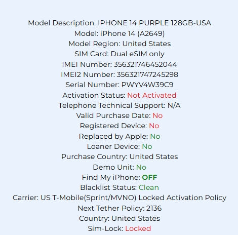 Apple iPhone 14 128GB Purple Carrier Locked: T-Mobile
