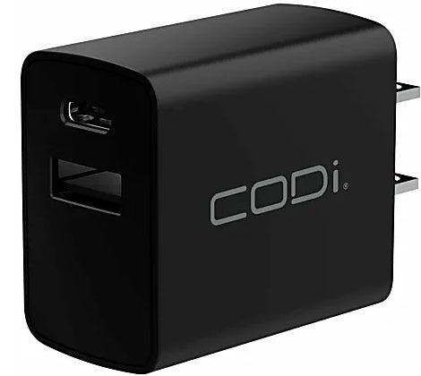 CODi Dual Port 20W Wall Charger/AC Adapter (USB-C, USB-A Outputs) - 20W -USB Type-C - USB Type-A