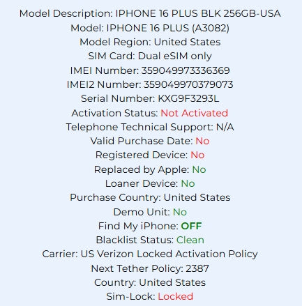 Apple iPhone 16 Plus Black 256GB Carrier Locked: Verizon