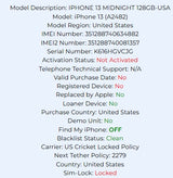 Apple iPhone 13 Midnight 128GB Carrier Locked: Cricket