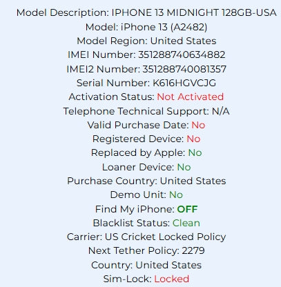 Apple iPhone 13 Midnight 128GB Carrier Locked: Cricket