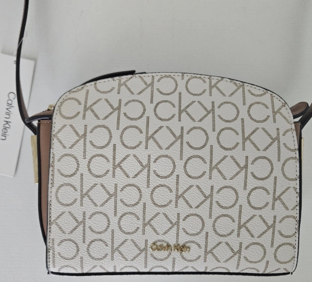 Calvin Klein CK Logo Small Crossbody Bag - Vanilla Brown, Gold-Tone Hardware - New