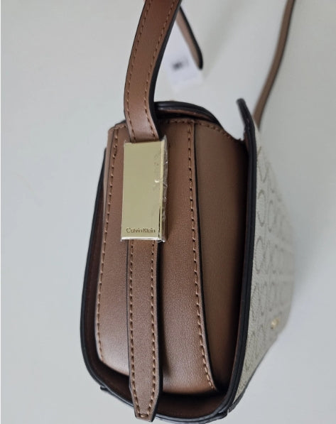 Calvin Klein CK Logo Small Crossbody Bag - Vanilla Brown, Gold-Tone Hardware - New