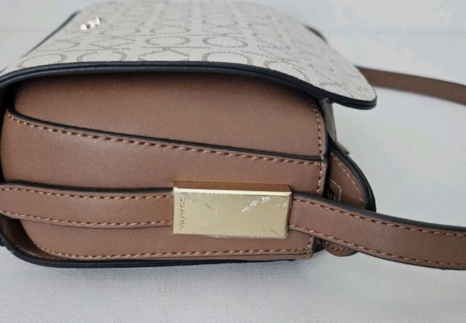 Calvin Klein CK Logo Small Crossbody Bag - Vanilla Brown, Gold-Tone Hardware - New