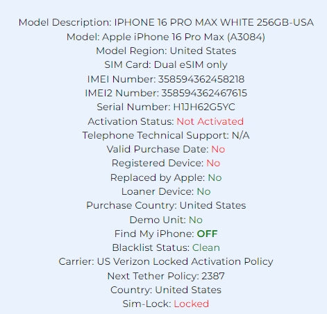 Apple Iphone 16 Pro Max White Titanium 256GB Carrier Locked: Verizon