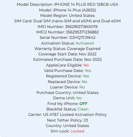 Apple Iphone 14 Plus Red 128GB Carrier Locked: AT&T